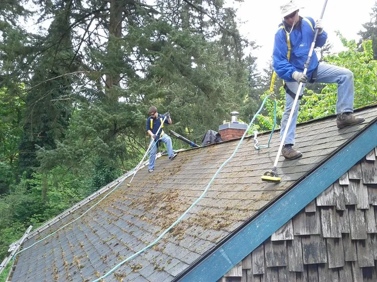 A worker is cleaning the roof in Leander, TX