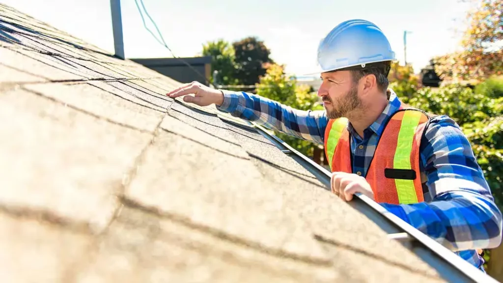 A professional roofer is inspecting roof in Austin, TX